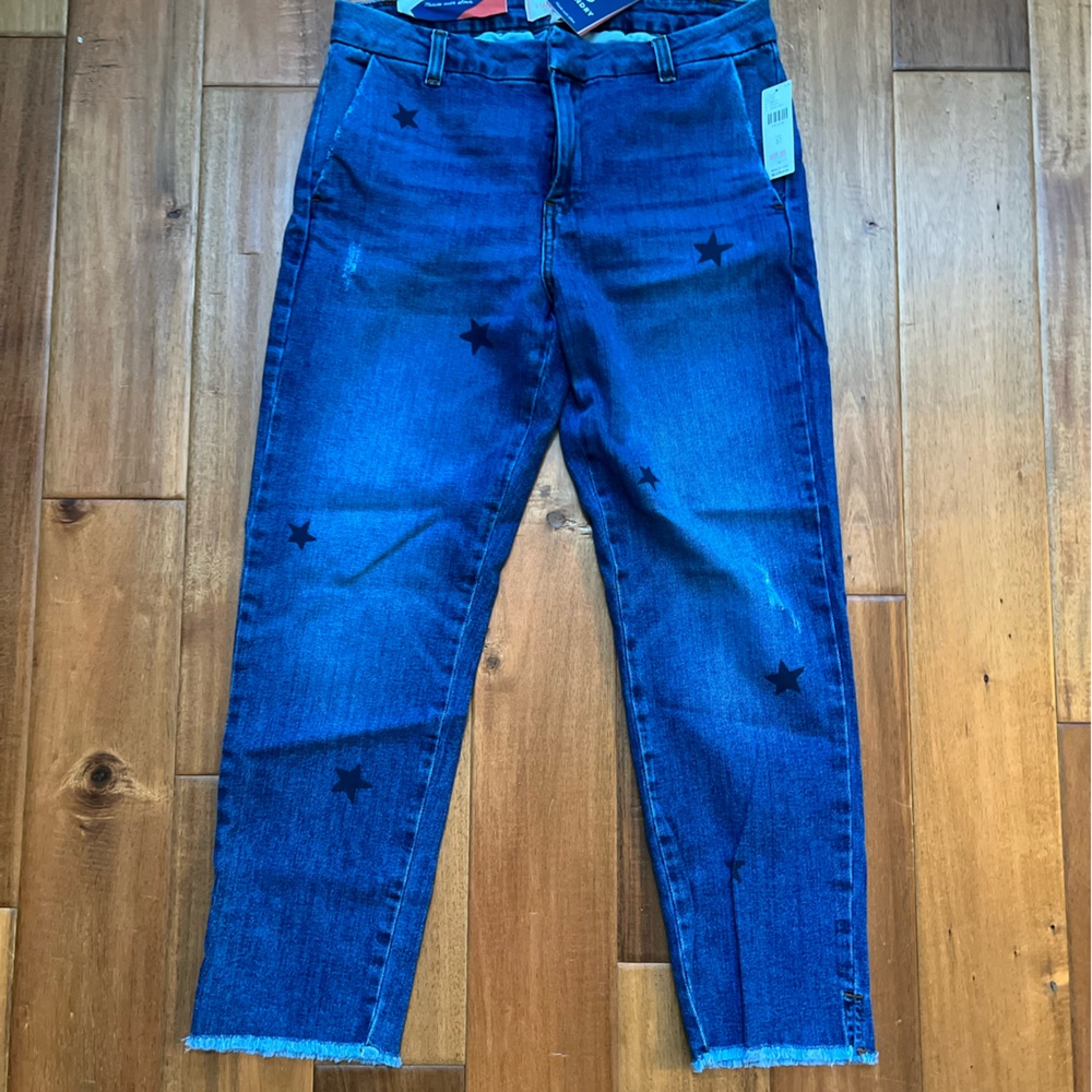 Sundry Blue Medium Wash Stars Stamp Le Soleil High Rise Cropped Jeans NWT 27